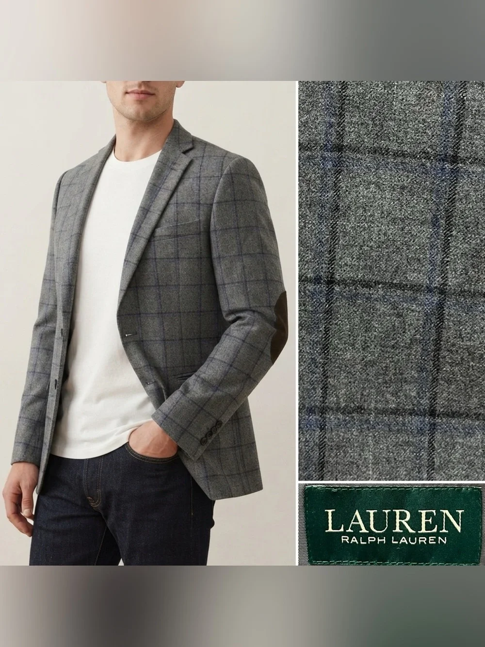 Ralph Lauren Men's 38R Gray Plaid Brown Elbow Patches Wool Blazer Jacket Coat